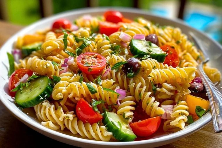 A bowl of Pasta Salad with Italian Dressing featuring rotini pasta, cherry tomatoes, cucumbers, black olives, and feta, garnished with fresh herbs.