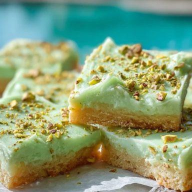 Close-up of pistachio pudding sugar cookie bars stacked on a wooden tray, showing the chewy cookie layer and creamy green pistachio topping.