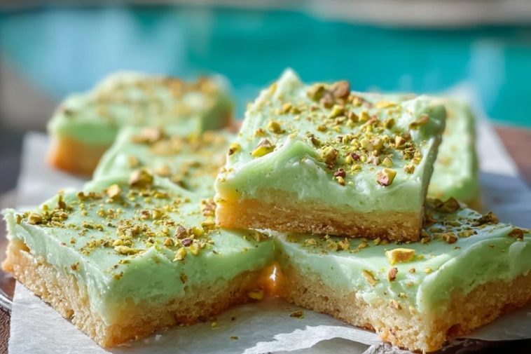 Close-up of pistachio pudding sugar cookie bars stacked on a wooden tray, showing the chewy cookie layer and creamy green pistachio topping.