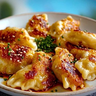 Golden crisp Potato Pierogi arranged in a circle on a white plate, sprinkled with sesame seeds and chives, with a poolside view in the background.