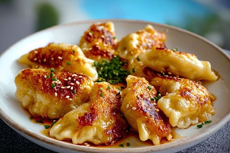 Golden crisp Potato Pierogi arranged in a circle on a white plate, sprinkled with sesame seeds and chives, with a poolside view in the background.