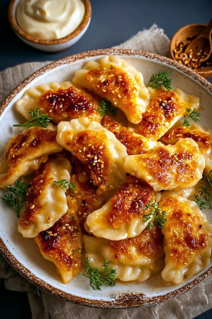 A plate of pan-fried Potato Pierogi topped with sesame seeds and dill, served with a bowl of sour cream and chili flakes on the side.