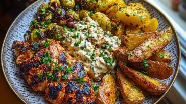Smoked Paprika Chicken Alfredo with Feta-Tahini Cream & Crispy Brussels-Potato Combo Wedges