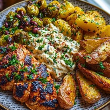 Smoked Paprika Chicken Alfredo with Feta-Tahini Cream & Crispy Brussels-Potato Combo Wedges