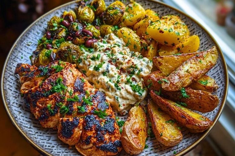 Smoked Paprika Chicken Alfredo with Feta-Tahini Cream & Crispy Brussels-Potato Combo Wedges