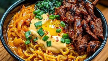 Spicy Korean Ramen with Grilled Beef & Creamy Sauce