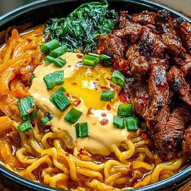 Spicy Korean Ramen with Grilled Beef & Creamy Sauce