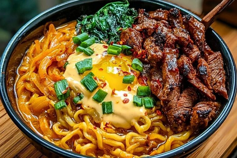 Spicy Korean Ramen with Grilled Beef & Creamy Sauce