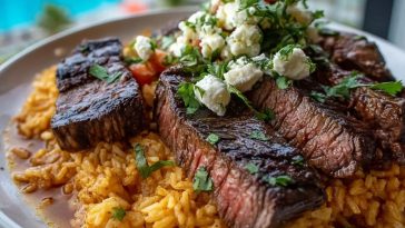 Seared steak slices over seasoned rice, topped with crumbled cheese, diced tomatoes, and fresh cilantro.