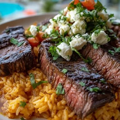 Seared steak slices over seasoned rice, topped with crumbled cheese, diced tomatoes, and fresh cilantro.