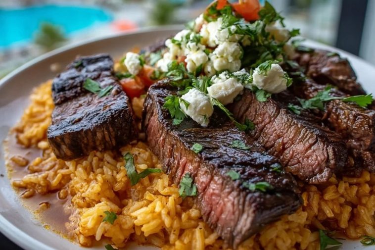 Seared steak slices over seasoned rice, topped with crumbled cheese, diced tomatoes, and fresh cilantro.