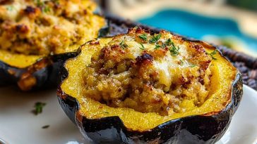 Close-up of golden stuffed baked acorn squash filled with sausage and herbs, topped with melted cheese and thyme sprigs, served poolside.