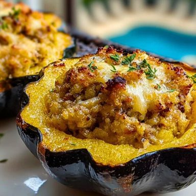 Close-up of golden stuffed baked acorn squash filled with sausage and herbs, topped with melted cheese and thyme sprigs, served poolside.