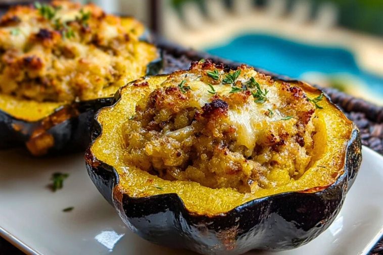 Close-up of golden stuffed baked acorn squash filled with sausage and herbs, topped with melted cheese and thyme sprigs, served poolside.