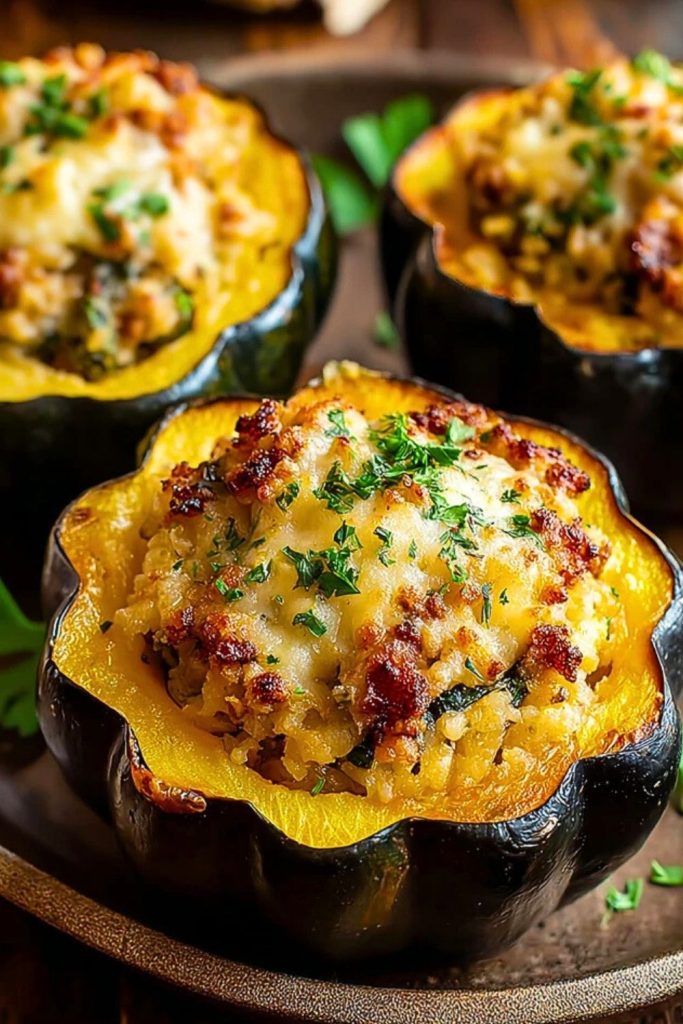 Three baked acorn squash halves filled with cheesy sausage stuffing, garnished with parsley, arranged on a rustic wooden tray.