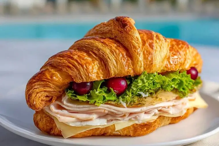 Turkey Croissant Sandwich with cranberries, Swiss cheese, turkey slices, and lettuce on a flaky croissant, served by the pool.