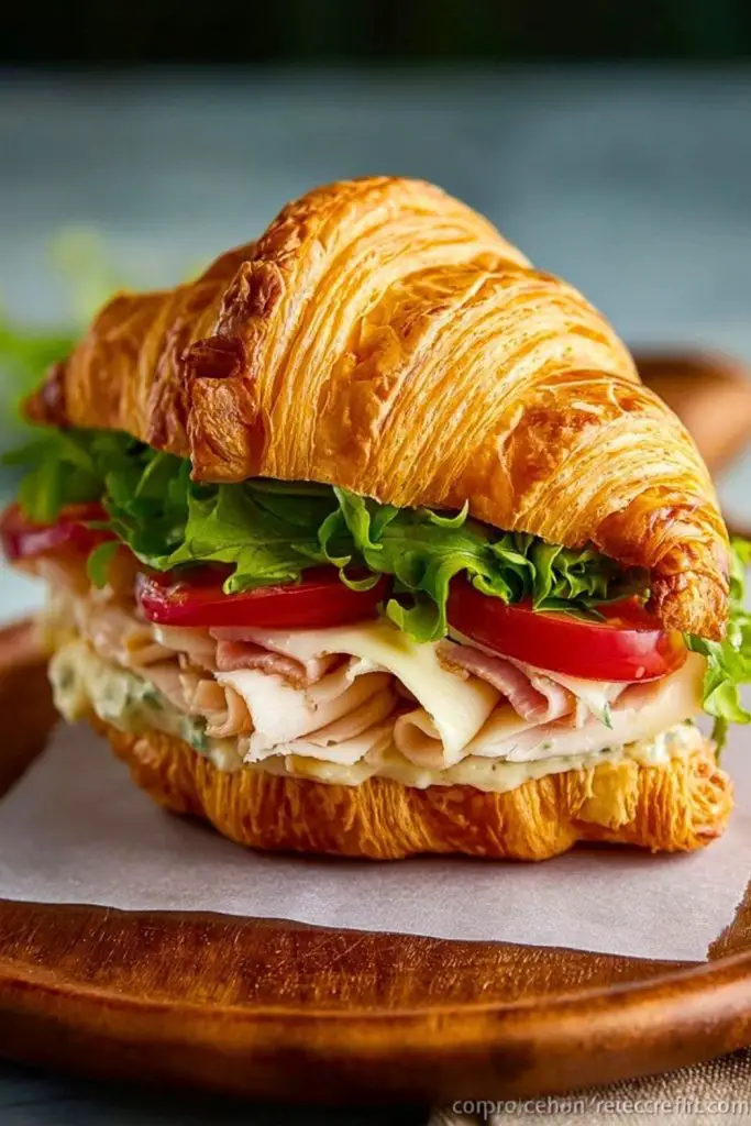 Turkey Croissant Sandwich layered with turkey, cheese, tomatoes, lettuce, and creamy spread on a golden croissant, styled on a wood tray.