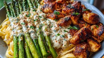 Ultimate Greek Chili Chicken Alfredo Recipe with Smoked Feta Cream & Crispy Parmesan Asparagus