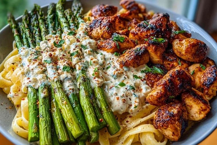 Ultimate Greek Chili Chicken Alfredo Recipe with Smoked Feta Cream & Crispy Parmesan Asparagus
