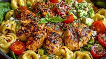 Warm Balsamic Chicken Tortellini Salad
