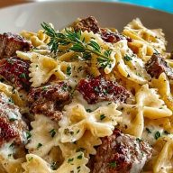 Beef and Bowtie Pasta with Alfredo Sauce 1