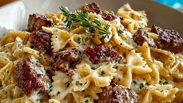 Beef and Bowtie Pasta with Alfredo Sauce 1
