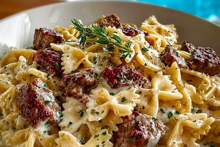 Beef and Bowtie Pasta with Alfredo Sauce 1