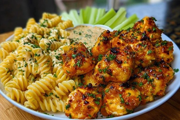 Buffalo Garlic Chicken Bites Recipe with Ranch Cajun Alfredo Twisted Pasta