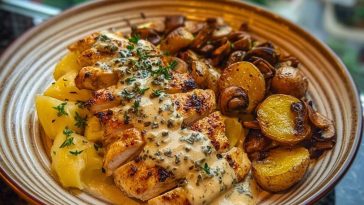 Chestnut Garlic Greek Chicken Alfredo with Sage Potatoes & Mushroom Basil Pesto