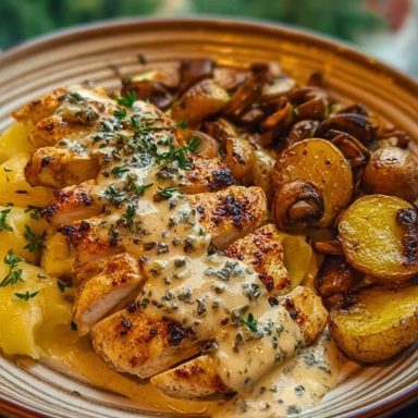 Chestnut Garlic Greek Chicken Alfredo with Sage Potatoes & Mushroom Basil Pesto