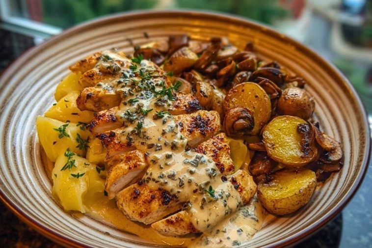 Chestnut Garlic Greek Chicken Alfredo with Sage Potatoes & Mushroom Basil Pesto