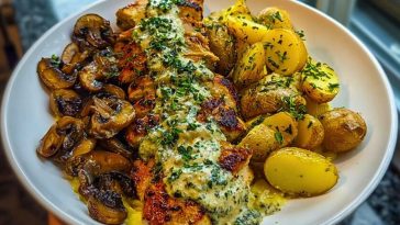 Chestnut Garlic Greek Chicken Alfredo with Sage Potatoes & Mushroom Pesto Cream