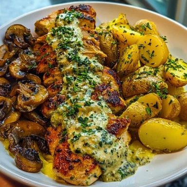 Chestnut Garlic Greek Chicken Alfredo with Sage Potatoes & Mushroom Pesto Cream