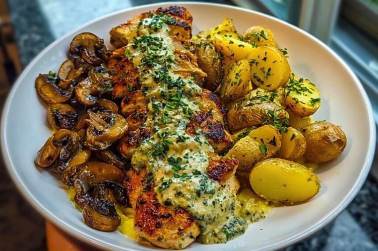 Chestnut Garlic Greek Chicken Alfredo with Sage Potatoes & Mushroom Pesto Cream