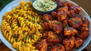 Chili Garlic Butter Chicken Bites with Creamy Cajun Corn Alfredo Twists