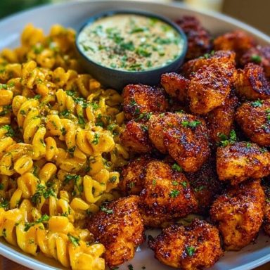 Chili Garlic Butter Chicken Bites with Creamy Cajun Corn Alfredo Twists