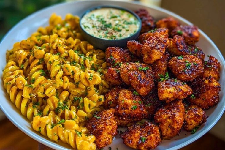 Chili Garlic Butter Chicken Bites with Creamy Cajun Corn Alfredo Twists