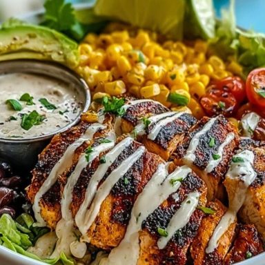 Chipotle Chicken Bowl with Black Beans, Corn, & Creamy Sauce
