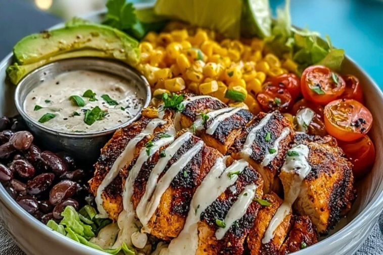 Chipotle Chicken Bowl with Black Beans, Corn, & Creamy Sauce