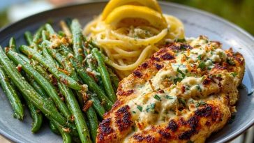 Coconut-Lemon Chicken Alfredo with Chili Feta Cream & Crispy Parmesan Green Beans