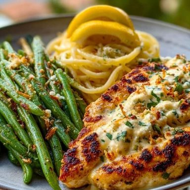 Coconut-Lemon Chicken Alfredo with Chili Feta Cream & Crispy Parmesan Green Beans