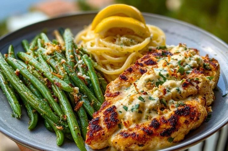 Coconut-Lemon Chicken Alfredo with Chili Feta Cream & Crispy Parmesan Green Beans