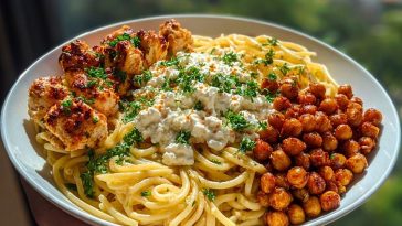 Creamy Cajun Chicken Pasta with Whipped Roasted Garlic Feta & Crispy Chickpeas