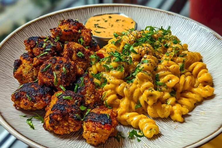 Crispy Chicken Bites & Blackened Cajun Alfredo with Roasted Corn Twists