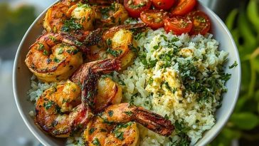 Delicious Creamy Garlic Butter Shrimp Bowl Recipe with Herb Rice