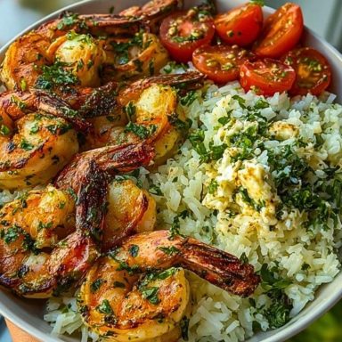 Delicious Creamy Garlic Butter Shrimp Bowl Recipe with Herb Rice