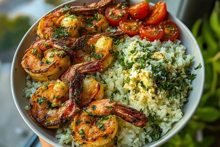 Delicious Creamy Garlic Butter Shrimp Bowl Recipe with Herb Rice