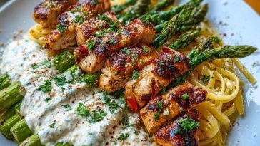 Delicious Greek Chili Chicken Alfredo with Smoked Feta Cream & Crispy Parmesan Asparagus 1
