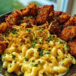 Garlic Butter Chicken Bites & Cajun Alfredo Mac with Crispy Onion Topping