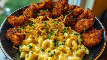 Garlic Butter Chicken Bites & Cajun Alfredo Mac with Crispy Onion Topping